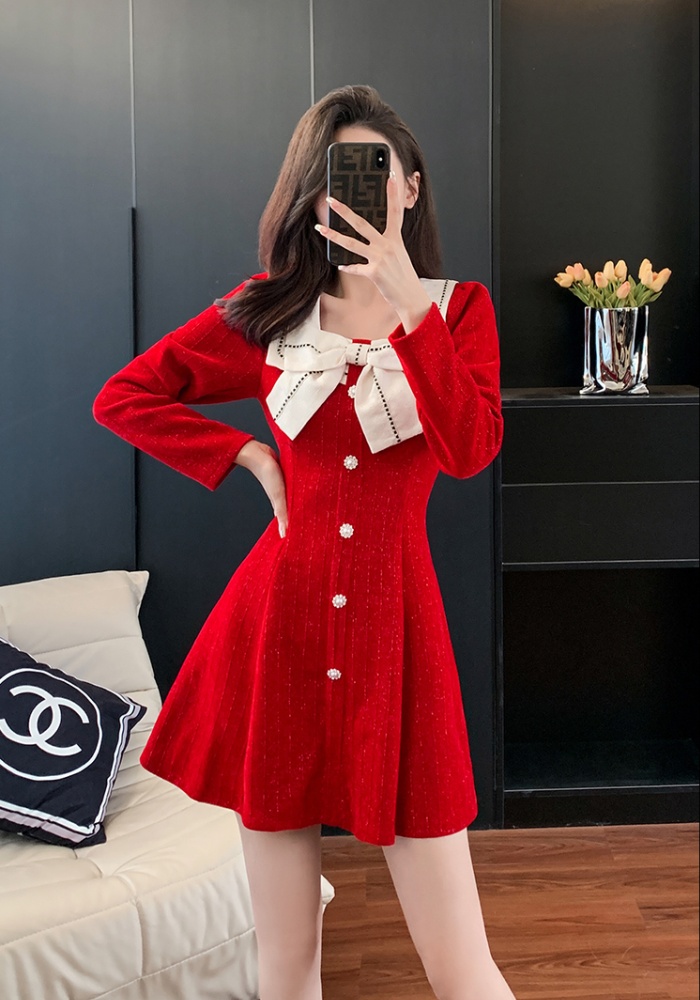 Square collar sweet jacquard autumn and winter red splice dress