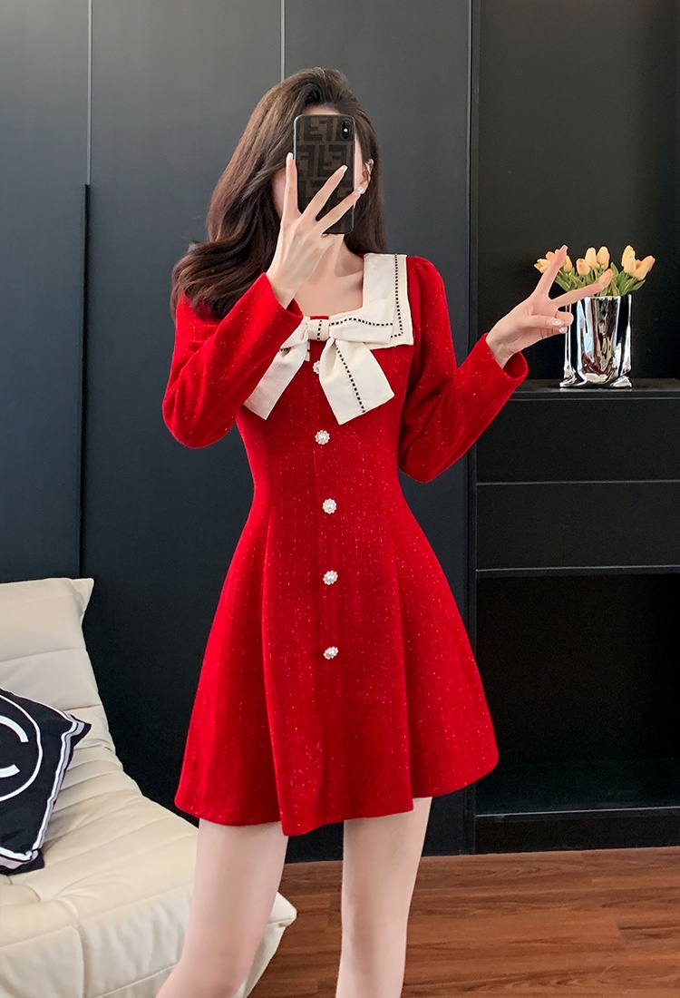 Square collar sweet jacquard autumn and winter red splice dress