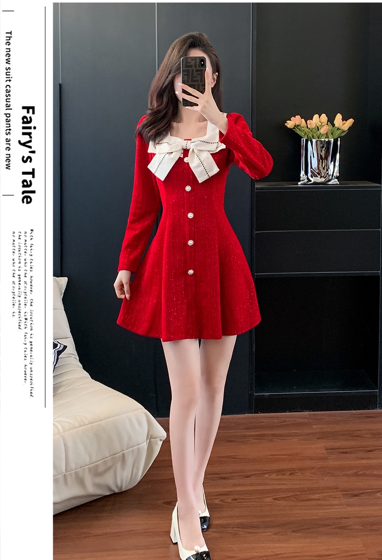 Square collar sweet jacquard autumn and winter red splice dress