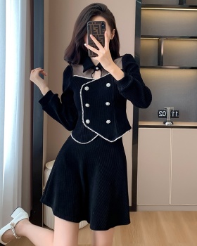 Splice corduroy tops fashion lapel short skirt 2pcs set