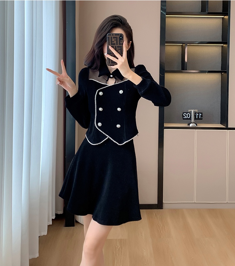 Splice corduroy tops fashion lapel short skirt 2pcs set