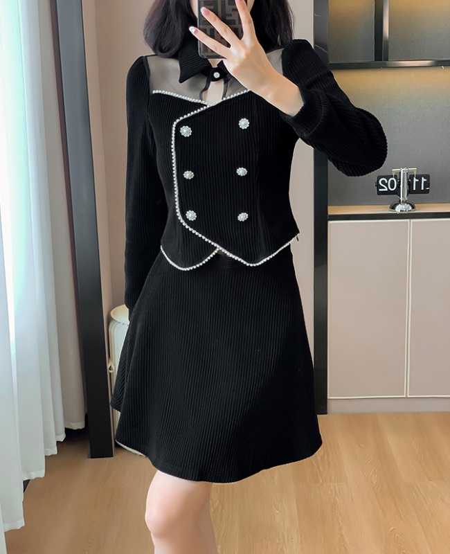 Splice corduroy tops fashion lapel short skirt 2pcs set