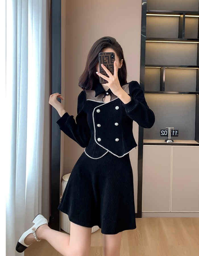Splice corduroy tops fashion lapel short skirt 2pcs set