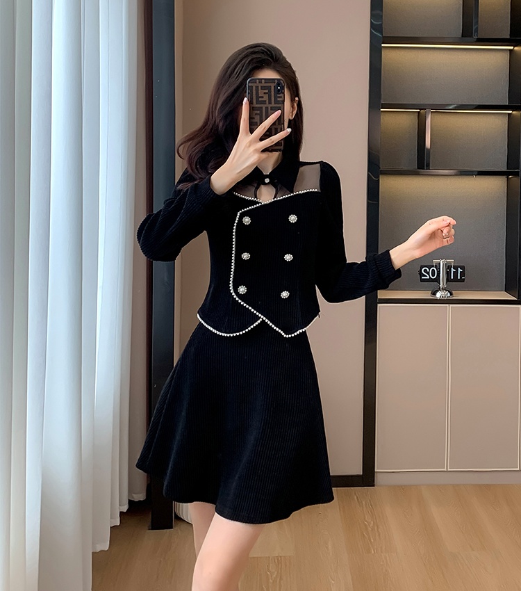 Splice corduroy tops fashion lapel short skirt 2pcs set