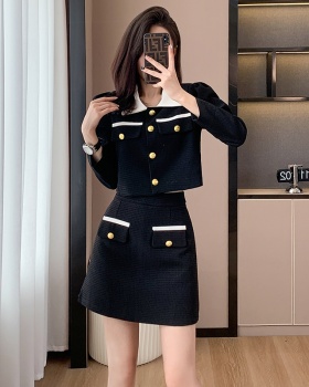 Fashion splice autumn short skirt sweet chanelstyle tops 2pcs set