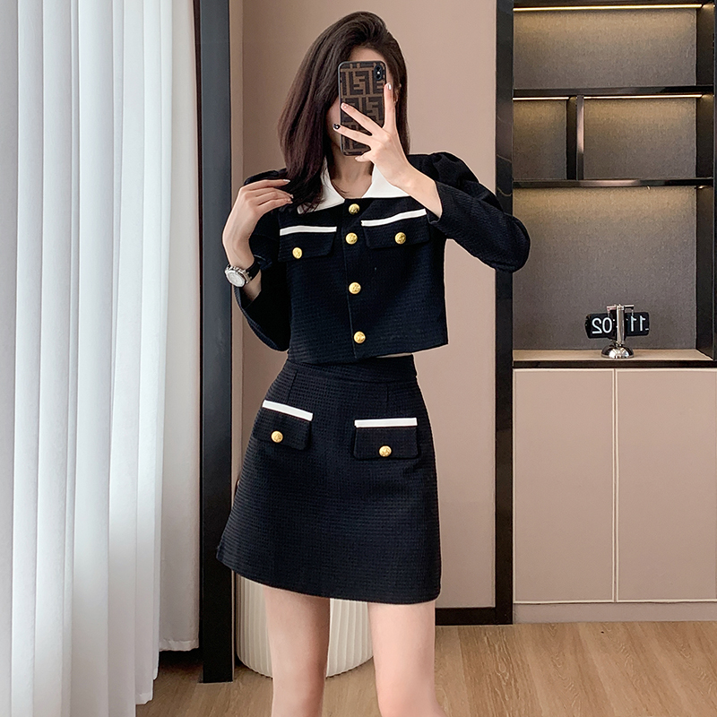 Fashion splice autumn short skirt sweet chanelstyle tops 2pcs set