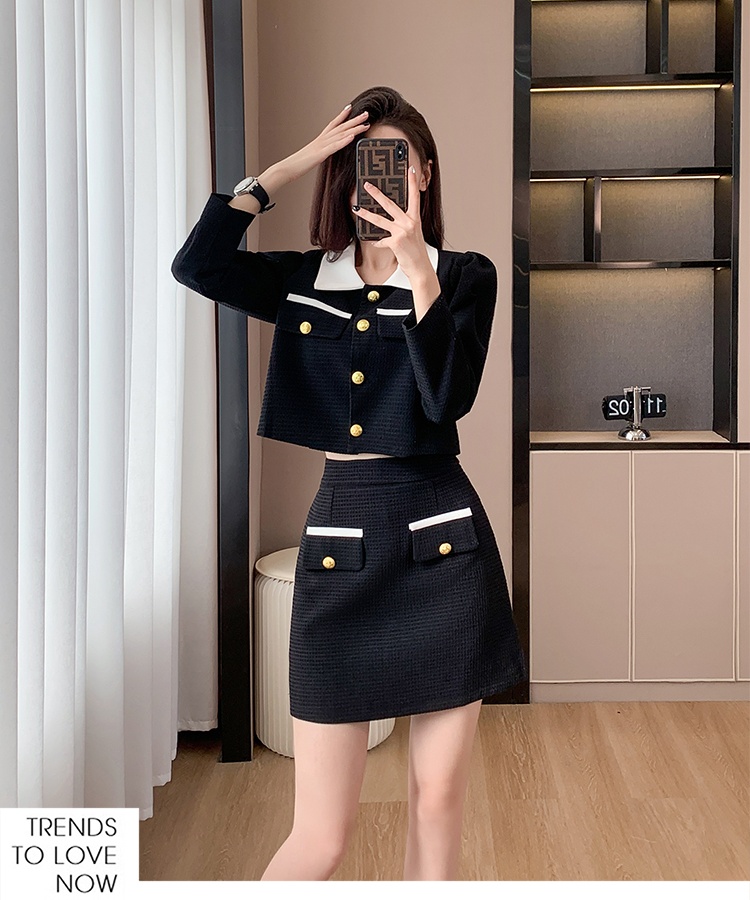 Fashion splice autumn short skirt sweet chanelstyle tops 2pcs set
