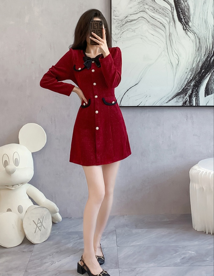Sweet fashion corsage temperament bow chanelstyle slim dress