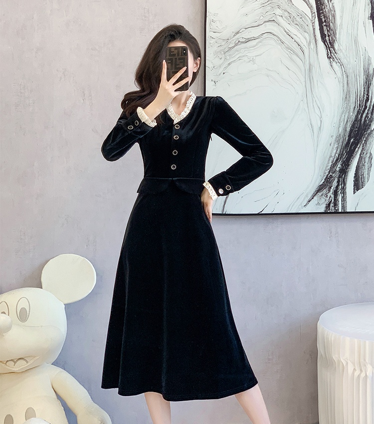 Slim splice velvet fashion lace sweet long dress