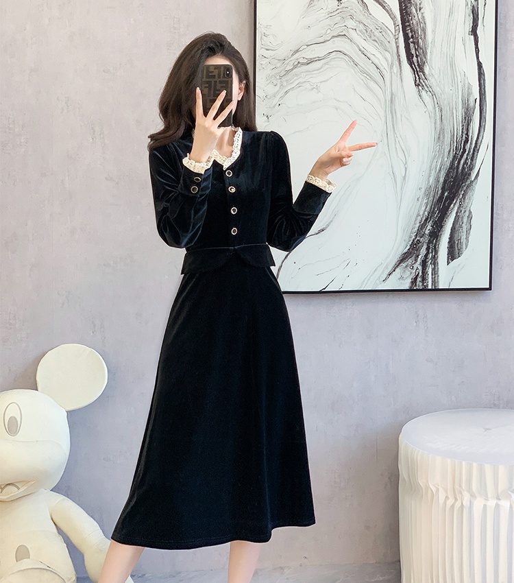 Slim splice velvet fashion lace sweet long dress
