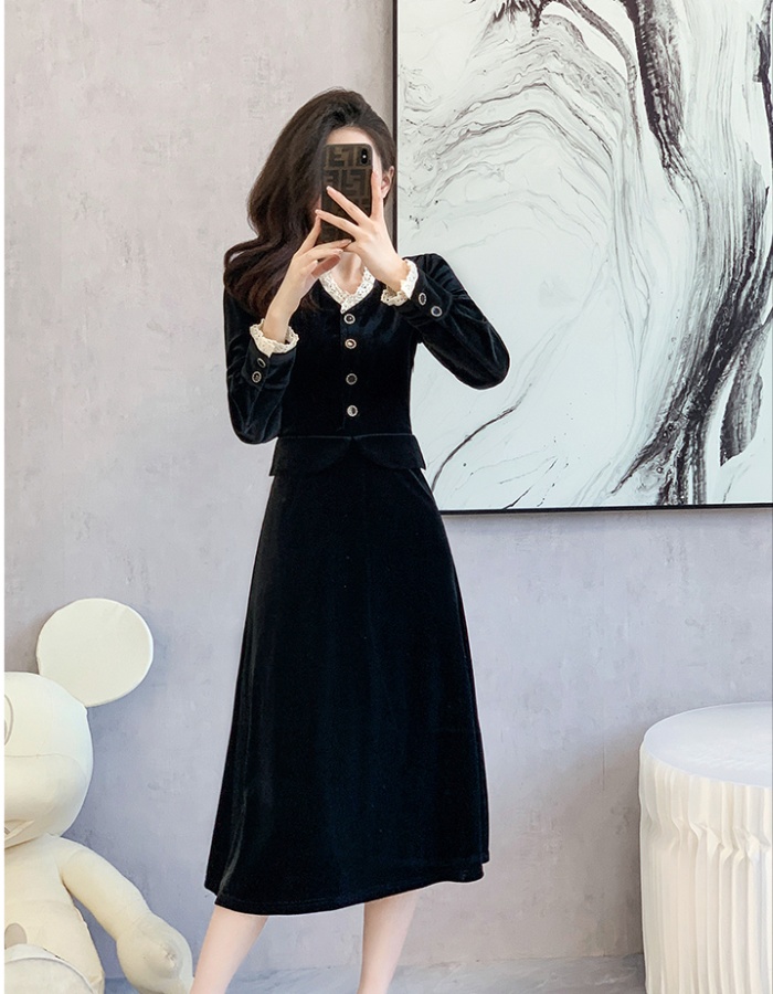 Slim splice velvet fashion lace sweet long dress