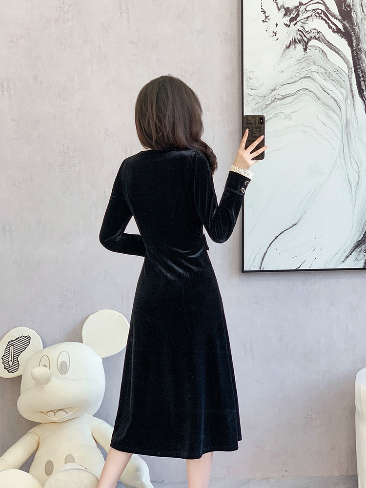 Slim splice velvet fashion lace sweet long dress