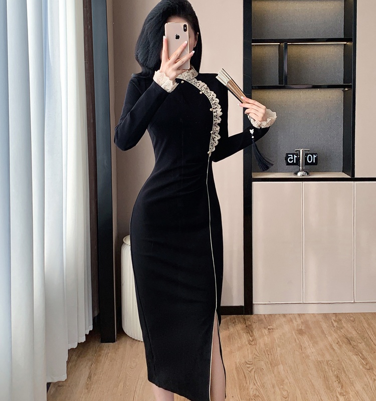 Autumn and winter split ladies retro dress