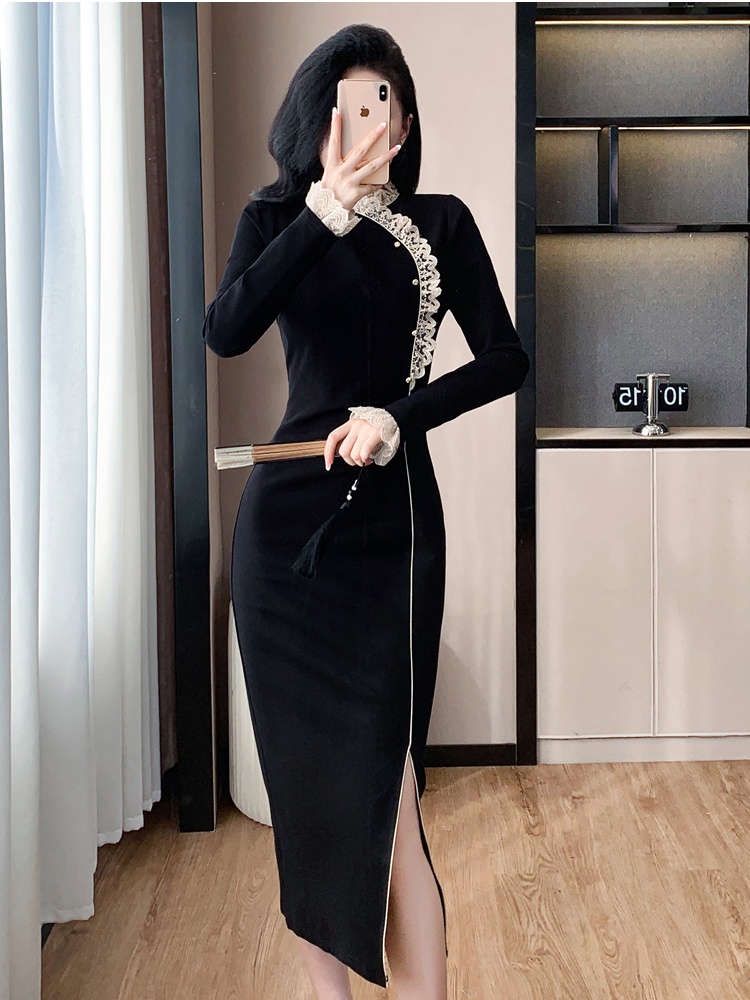 Autumn and winter split ladies retro dress