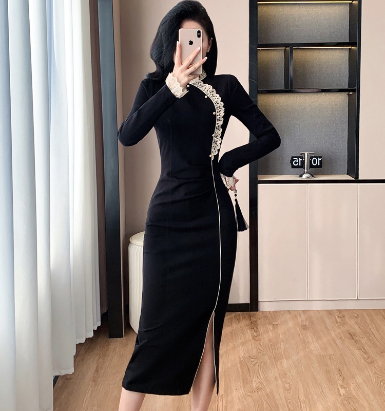Autumn and winter split ladies retro dress
