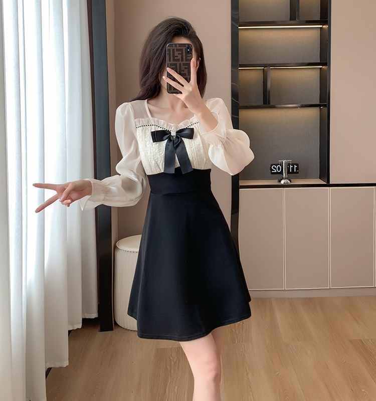 Fashion bow A-line sweet autumn sequins slim dress