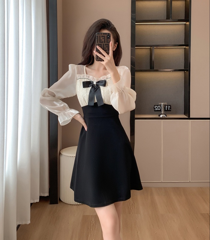 Fashion bow A-line sweet autumn sequins slim dress