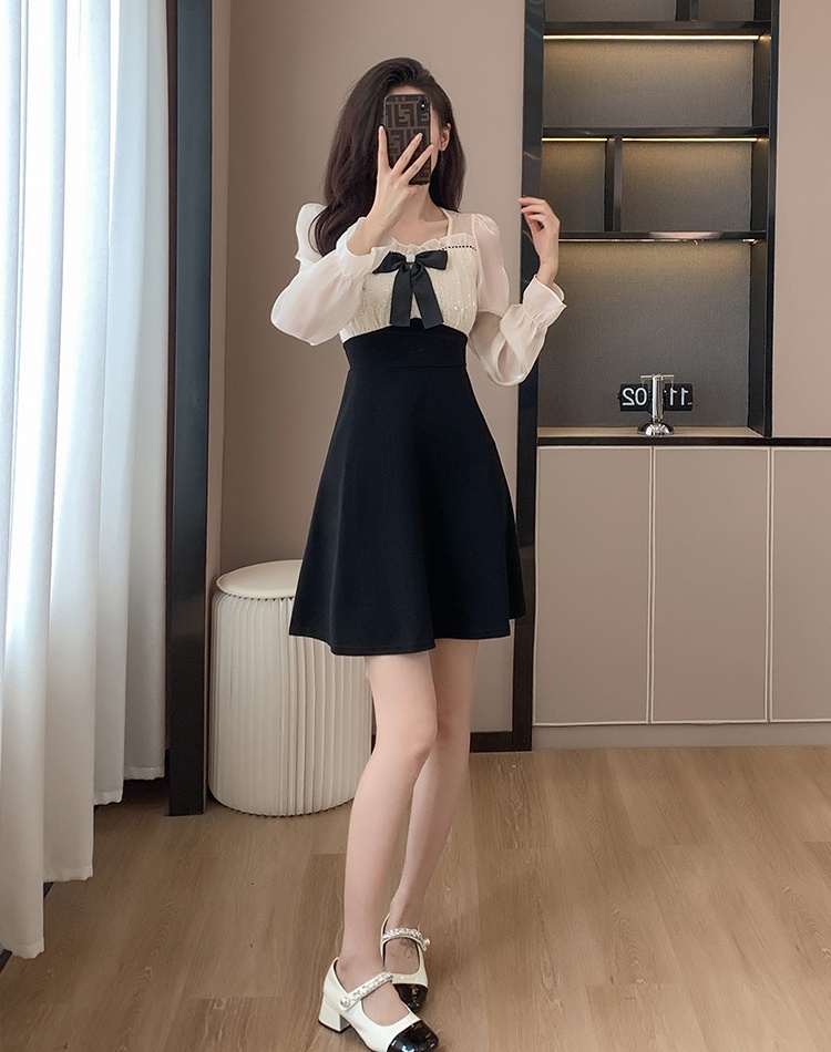 Fashion bow A-line sweet autumn sequins slim dress