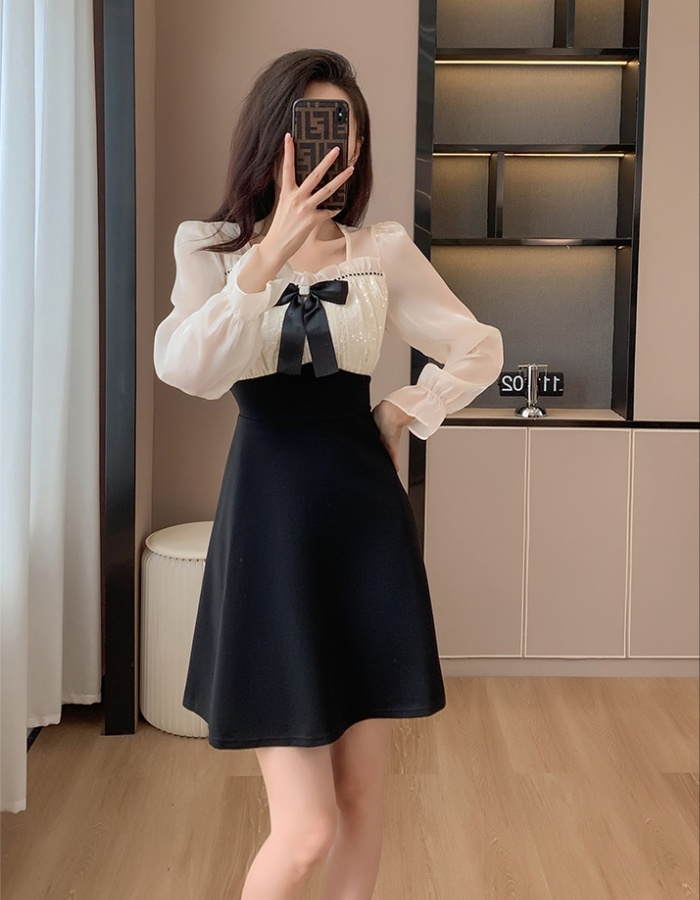 Fashion bow A-line sweet autumn sequins slim dress