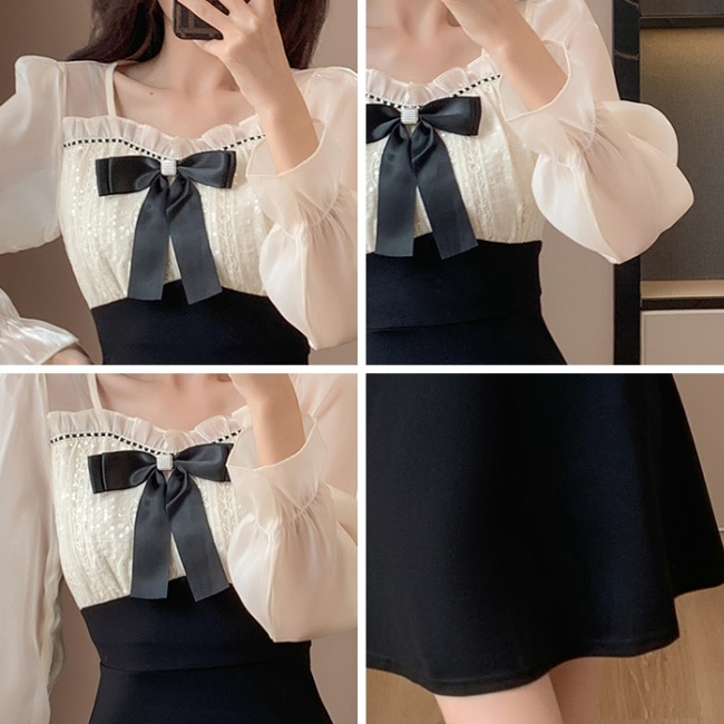 Fashion bow A-line sweet autumn sequins slim dress
