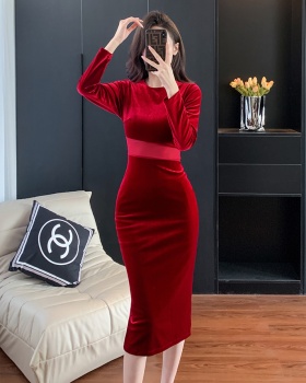 Autumn and winter splice slim velvet fashion long dress