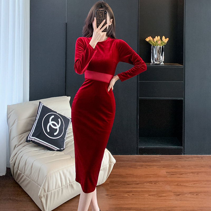 Autumn and winter splice slim velvet fashion long dress