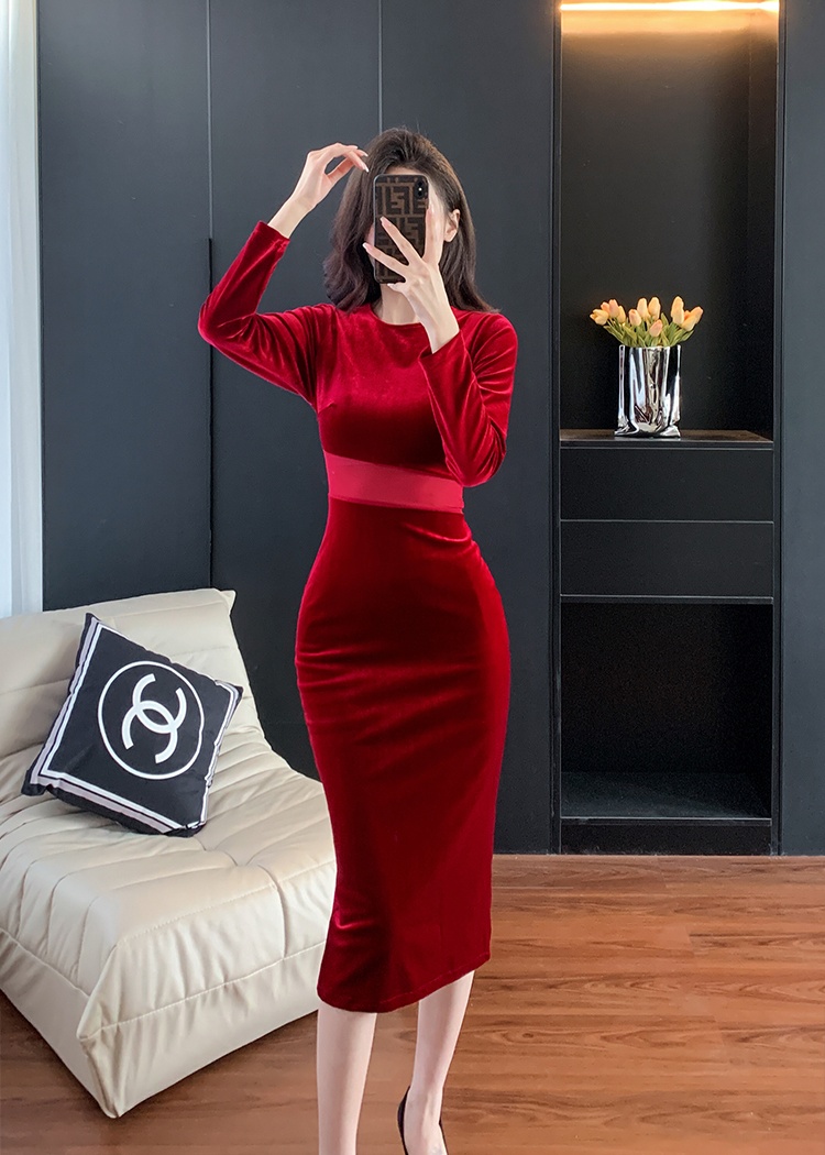 Autumn and winter splice slim velvet fashion long dress