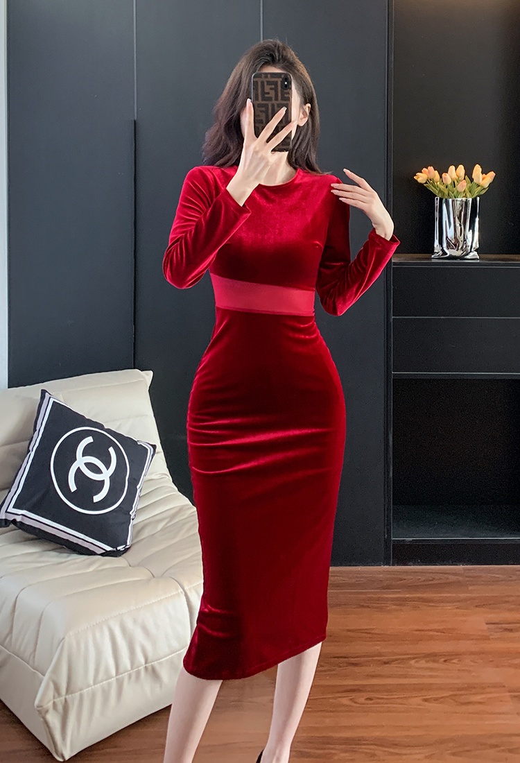 Autumn and winter splice slim velvet fashion long dress