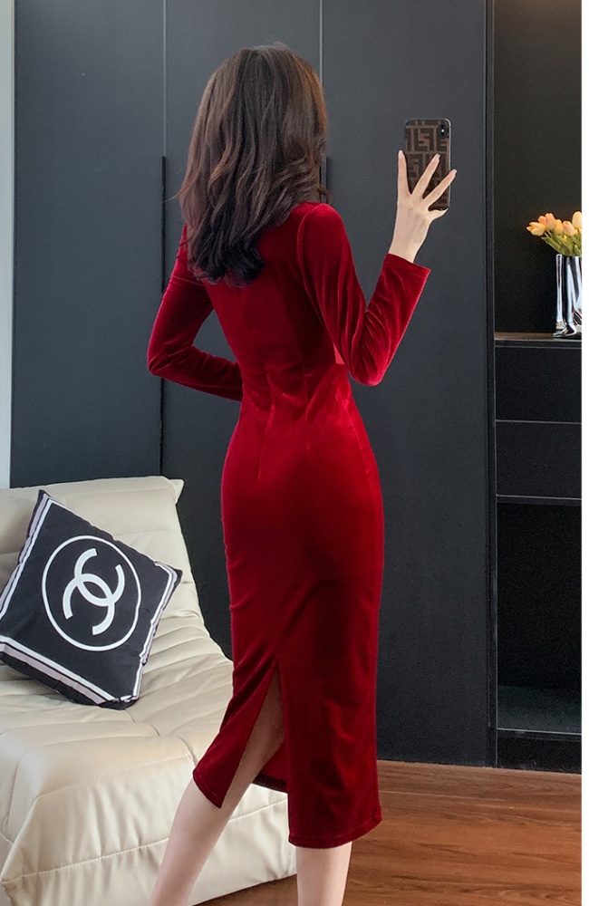 Autumn and winter splice slim velvet fashion long dress
