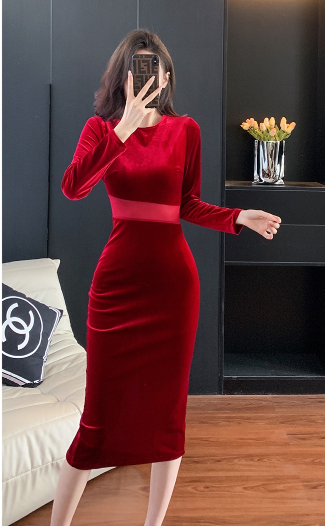 Autumn and winter splice slim velvet fashion long dress
