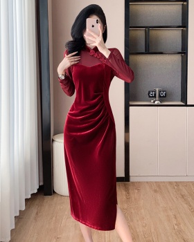 Split velvet dress flowers splice cheongsam