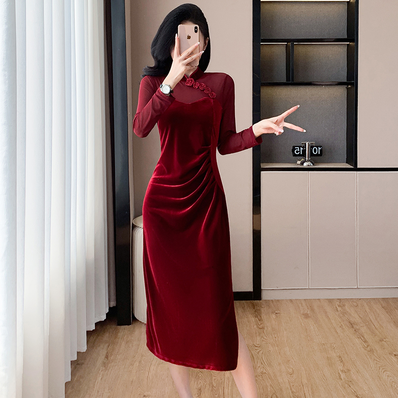 Split velvet dress flowers splice cheongsam