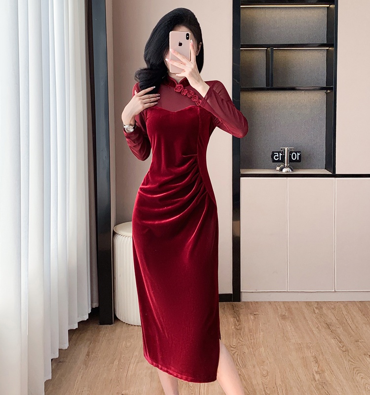 Split velvet dress flowers splice cheongsam