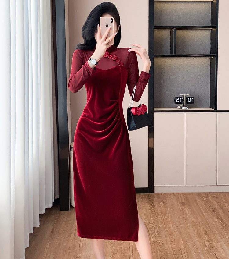 Split velvet dress flowers splice cheongsam