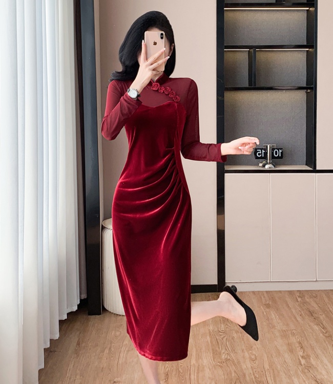 Split velvet dress flowers splice cheongsam
