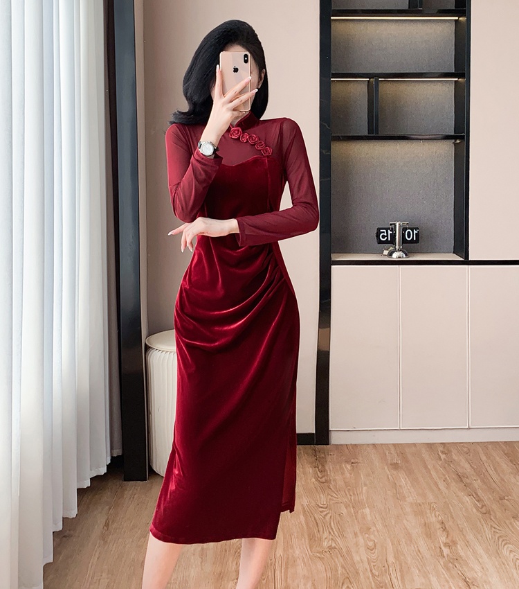Split velvet dress flowers splice cheongsam