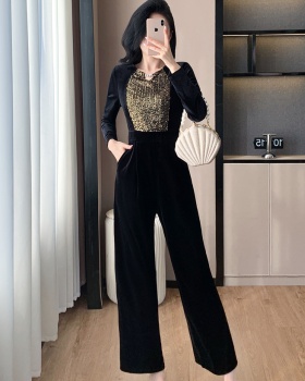 Sequins temperament casual pants slim golden velvet jumpsuit