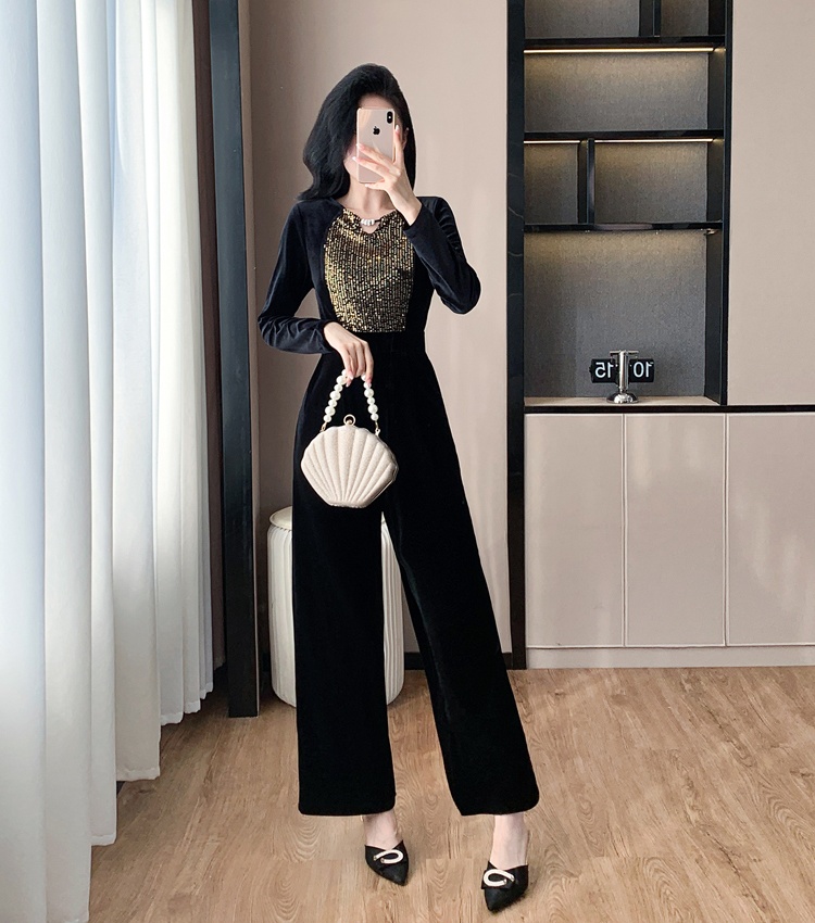 Sequins temperament casual pants slim golden velvet jumpsuit