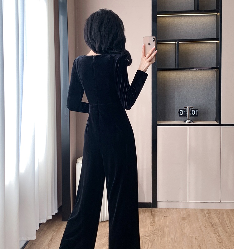 Sequins temperament casual pants slim golden velvet jumpsuit