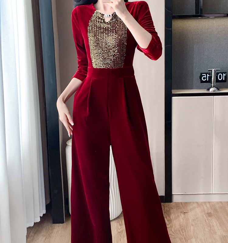 Sequins temperament casual pants slim golden velvet jumpsuit