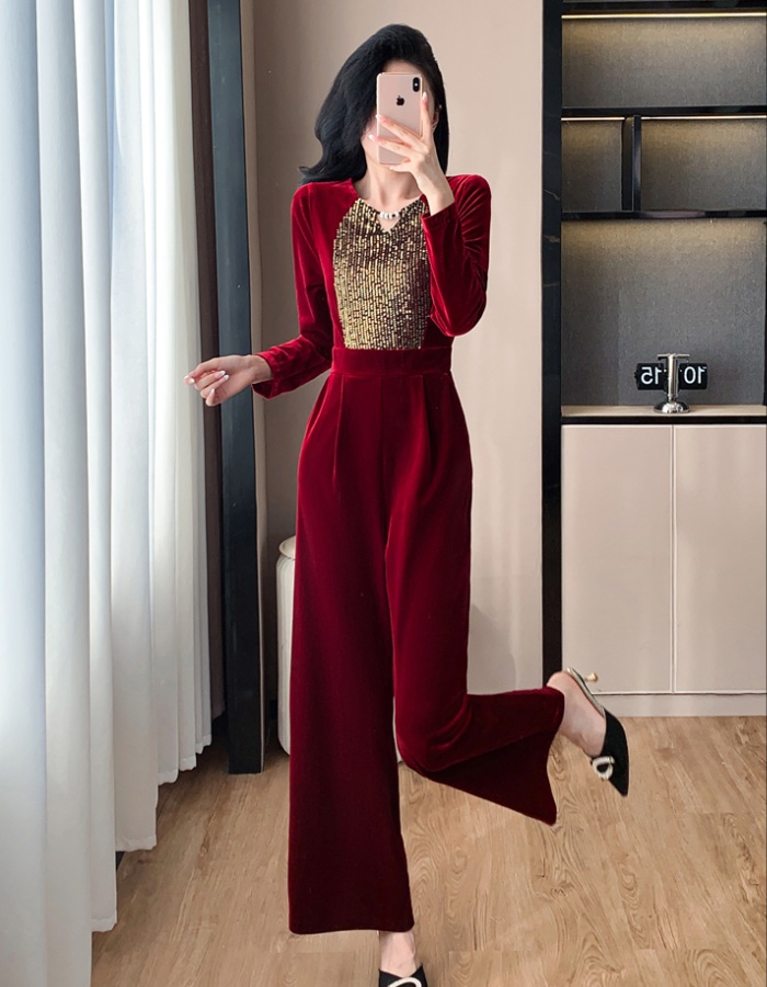 Sequins temperament casual pants slim golden velvet jumpsuit