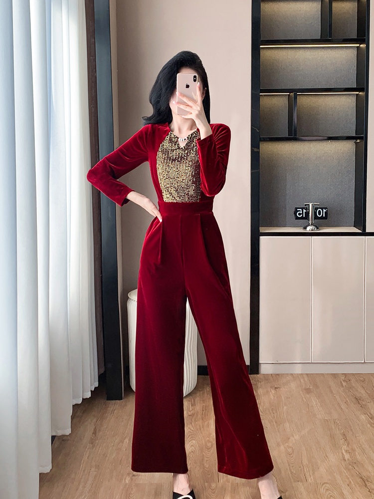 Sequins temperament casual pants slim golden velvet jumpsuit