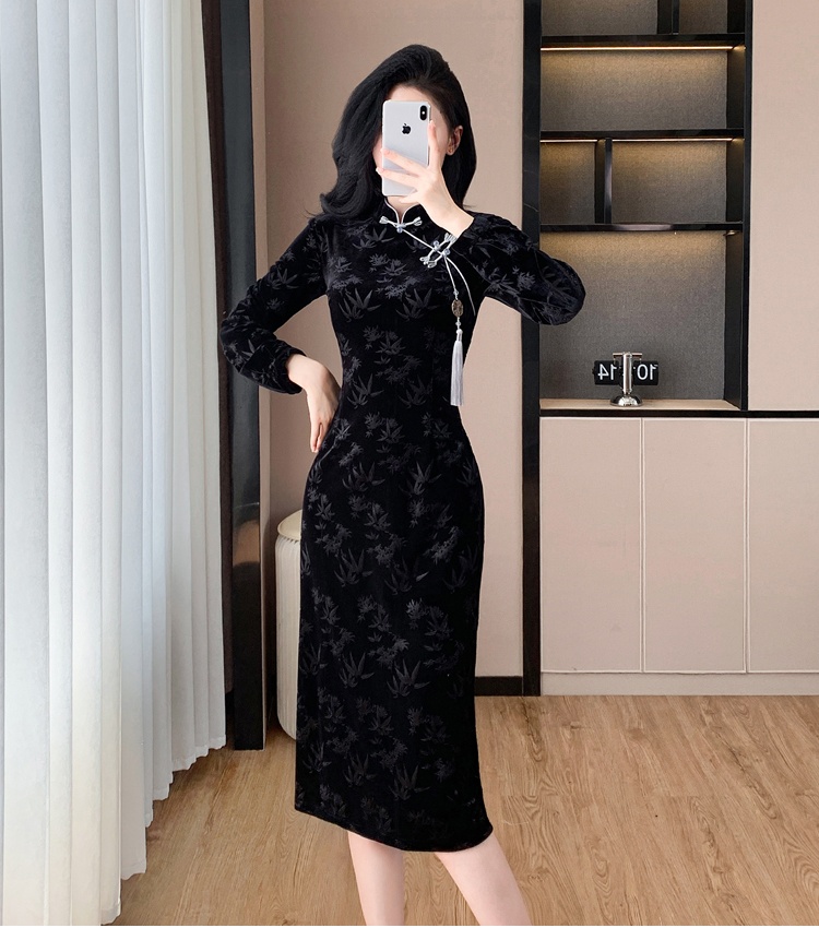 Tassels Chinese style dress velvet cheongsam