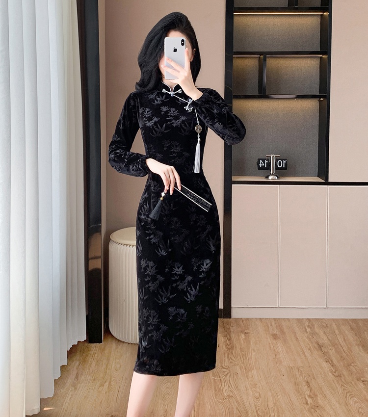 Tassels Chinese style dress velvet cheongsam