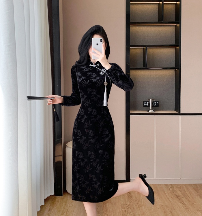 Tassels Chinese style dress velvet cheongsam