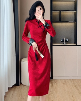 Temperament autumn red floral pattern elegant dress