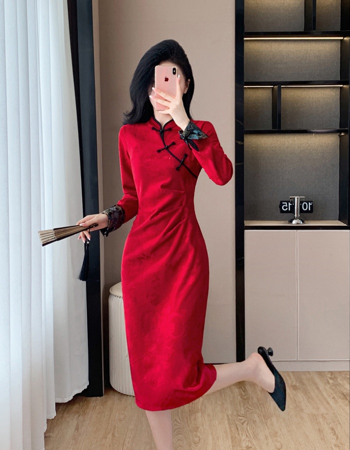 Temperament autumn red floral pattern elegant dress