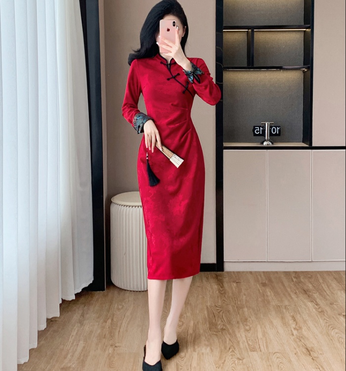 Temperament autumn red floral pattern elegant dress