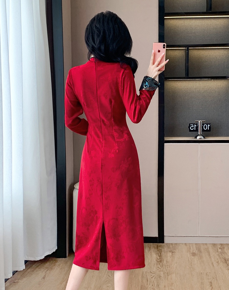 Temperament autumn red floral pattern elegant dress