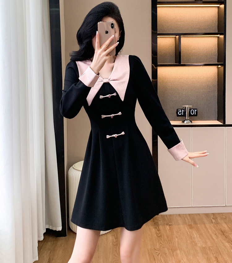 Sweet splice jacquard slim doll collar autumn dress